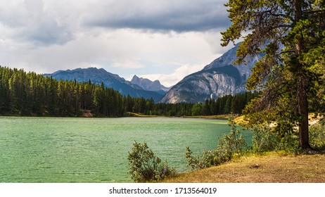 Nature Scenarios Of Two Jack Lake Inside Banff National Park, Alberta Canada