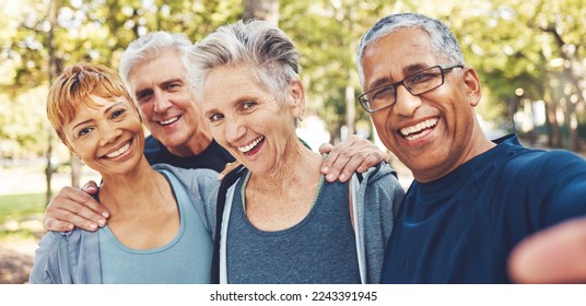 Nature, selfie and senior friends on a hike for wellness, exercise and health in the woods. Happy, smile and portrait of a group of elderly people in retirement in forest trekking together in summer. - Powered by Shutterstock