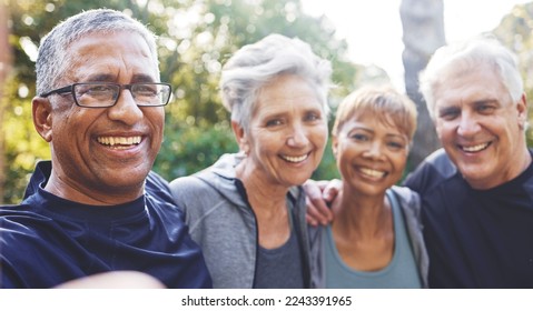 Nature, selfie and senior friends on a hike for wellness, exercise and health in the woods. Happy, smile and portrait of a group of elderly people in retirement in forest trekking together in summer.