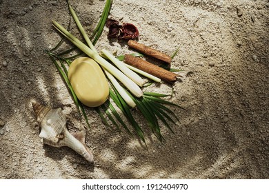 Nature Soap From Lemongrass On The Beach Sand,spa Concept,still Life Photography