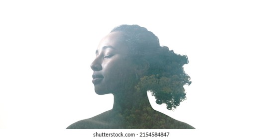 Nature Therapy. Health Vitality. Healing Meditation. Double Exposure Profile Silhouette Of Calm Tranquil Woman Face With Forest Landscape Clouds Isolated On White Empty Space.