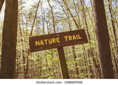 Nature Trail Sign On A Hiking Path In The Woods During Springtime In Northern Virginia