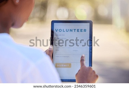 Nature, woman and a tablet for volunteering registration, checklist or signup on a screen. Hands, environment and a volunteer with a digital app for participation in park cleaning and charity work