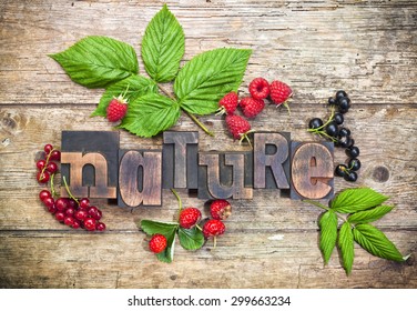 nature, word set with vintage printing blocks surrounded by assorted berry fruits