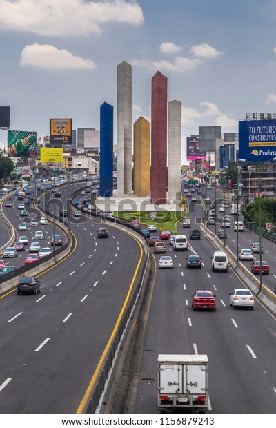 Naucalpan, State of Mexico, Mexico,\
iconic monument called towers of satelite city, entrance to\
important living district north of Mexico City, and beside main\
road