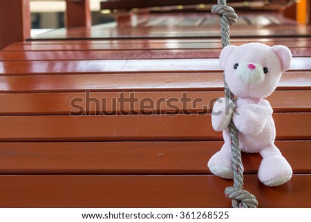 The naughty teddy bear is hanging on a rope, Everywhere is happy. 
