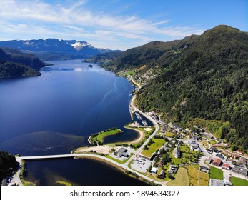 Naustdal, Norway And Forde Fjord (Fordefjorden) Seen From A Drone. Beautiful Summer Landscape.