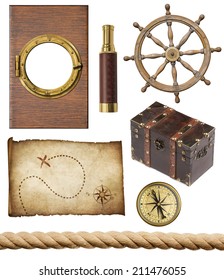 nautical objects set isolated: ship window or porthole, old treasure map, spyglass, brass compass, pirates chest, rope and steering wheel