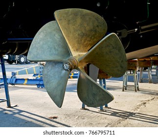 Nautical propeller of a motor yacht under repair in a shipyard. - Shutterstock ID 766795711