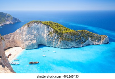 Navagio bay and Ship Wreck beach in summer. The most famous natural landmark of Zakynthos, Greek island in the Ionian Sea