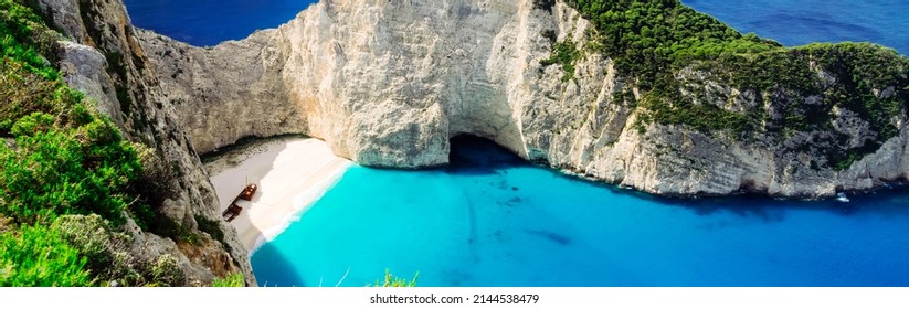 Navagio beach, famous lanscape of Zakinthos island, Greece, toned