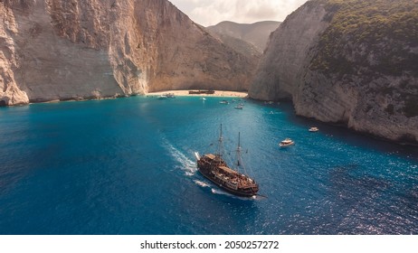 Navagio Beach Shipwreck Bay And Pirate Ship Aerial