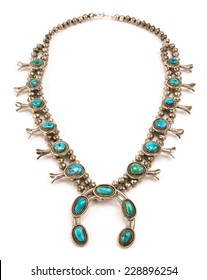 Navajo Sterling Silver And Turquoise Squash Blossom Necklace.