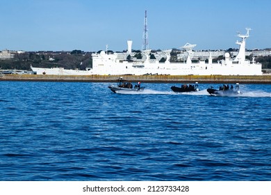 Naval Base In The Port Of Toulon France. The French Military Move In Three Motorboats Near Their Base In Toulon.