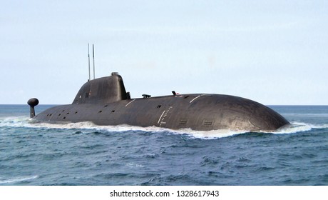 Naval modern submarine on open sea surface.