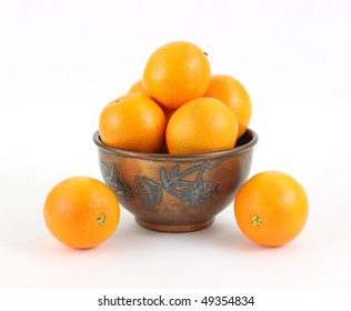 Naval Oranges In Vintage Metal Bowl On White Background