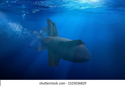 Naval submarine on a mission travelling under water