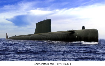 Naval submarine on open sea surface with cloudy blue sky