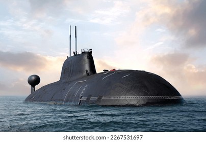 Naval submarine on open sea surface with cloudy sky