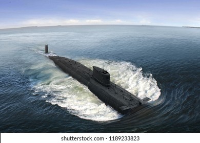 Naval Submarine On The Sea Surface.