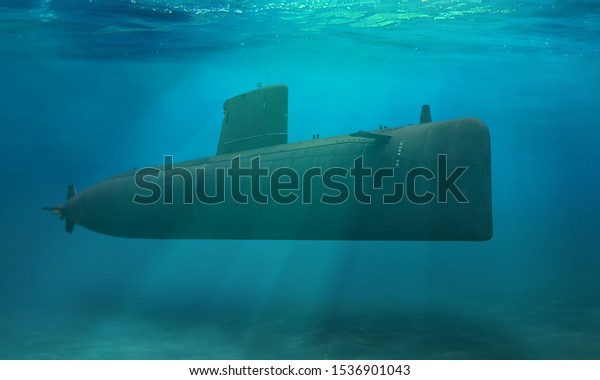 Naval submarine submerge deep underwater near to\
ocean floor