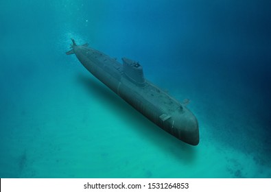 Naval submarine submerge underwater during a mission