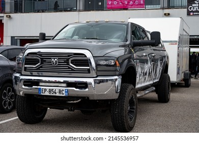 Navarra, Spain; March 6, 2022: Big Black Dodge Ram 3500 Heavy Duty Turbo Diesel Pickup Offroader
