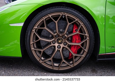 Navarra, Spain; March 6, 2022: Detail of the wheel of a Lamborghini Huracan, rim, brake caliper and carboceramic disc