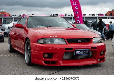 Navarre, Spain; May 5, 2022: Parked Red Nissan Skyline GT-R R33