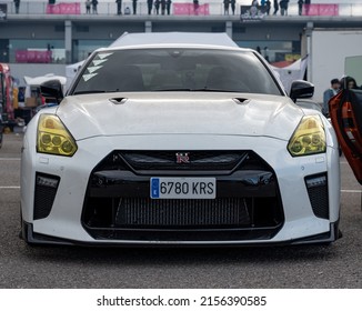 Navarre, Spain; May 5, 2022: White Nissan Skyline GT-R R35 Parked From The Front