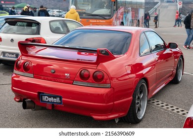 Navarre, Spain; May 5, 2022: Parked Red Nissan Skyline GT-R R33