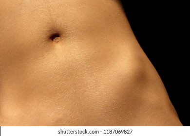 Navel Of The Stomach - Belly Button Of The Young Man On The Black Background. Slim Nude Young Man Belly
