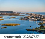 The Navesink River in Monmouth County with residential homes along the Sea Bright Coastline