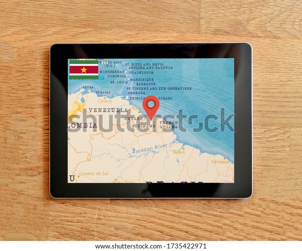 The\
Navigation Map of Suriname displayed on a tablet\
PC