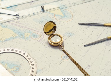 Navigation still-life. Skipper equipment and a map. Sailing concept.