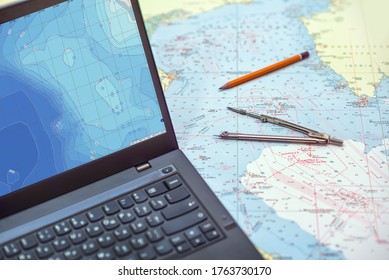 Navigation Tools - Sea Map, Pencil And Divider