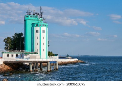 Navigation Tower On Baltic Sea Coast In Baltiysk City. Ship Navigation Management Center In Pilot Tower. Sea Traffic Control For Logistic, Monitoring Wind Speed And Direction Of Flow.