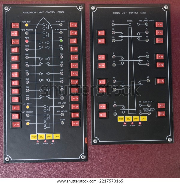 Navigational\
lights control panel on the ship\'s\
bridge