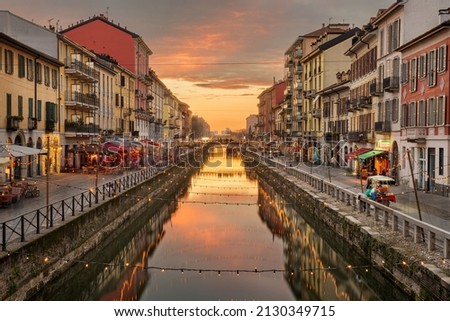 Naviglio Canal, Milan, Lombardy, Italy at twilight.