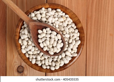 Navy Beans In Wooden Bowl