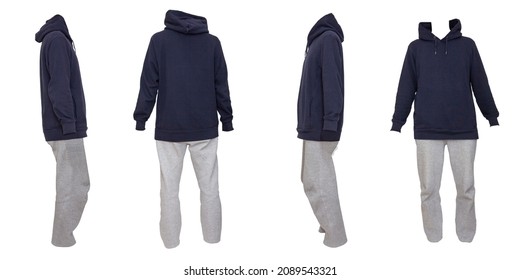 Navy Blue Hoodie And Gray Sweatpants Set, Front, Back, Left And Right, Cutout