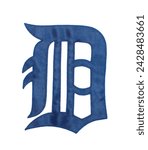 A navy blue letter D in Collins Old English Regular font.  Fabric stitched Detroit tigers American professional major league baseball brand logo photo from their jersey.  isolated on white background