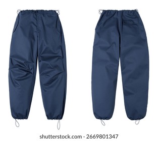 Navy blue polyester drawstring hem cargo pants with elastic waistband, side seam pockets and single back patch pocket, shown front and back on ghost mannequin for casual street style