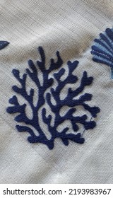 Navy Blue Sea Coral Embroidery On Beige Etamine Fabric, Flat Lay