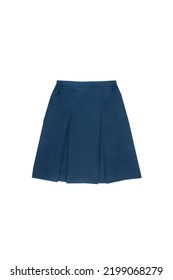 Navy Blue Skirt Template Isolated On White With A Shoot On A Flat Layer. Product For E-commerce Photography. Fashionable Pleated Uniform Clothing.