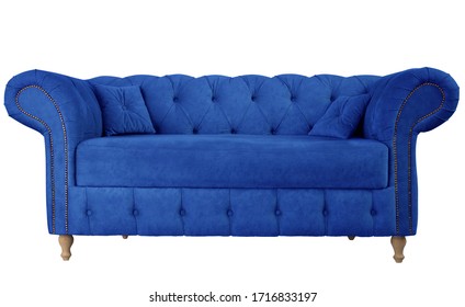 Navy blue sofa with pillows on wooden legs isolated on white. Darck blue suede couch isolated
