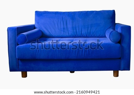 Navy blue sofa with rollers on wooden legs isolated on white. Darck blue couch isolated
