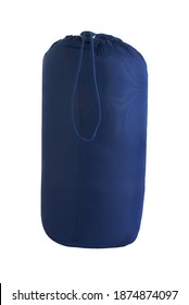 Navy Blue Thermal Sleeping Bag Rolled Up In Sack Secured With Pull String, Against White Background