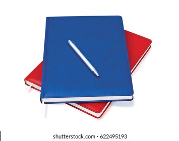 Navy blue-red leather two daily planner with a pen isolated on white background.