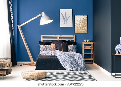 Navy And Dark Blue Master Bedroom With Feathers Pattern Bedclothes